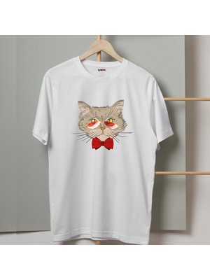 Mor Mürekkep Gözlüklü Kırmızı Papyonlu Kedi Tasarım Baskılı Kadın Tshirt