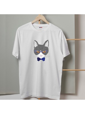 Mor Mürekkep Gözlüklü Mavi Papyonlu Kedi Tasarım Baskılı Kadın Tshirt