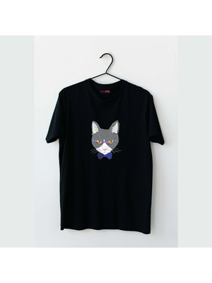 Mor Mürekkep Gözlüklü Mavi Papyonlu Kedi Tasarım Baskılı Kadın Tshirt