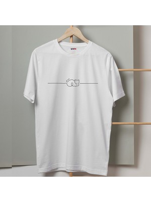 Mor Mürekkep Çizgi Kedi Tasarım Baskılı Kadın Tshirt