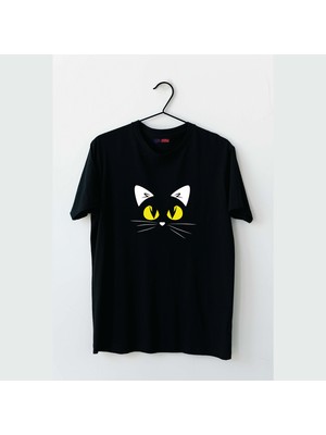 Mor Mürekkep Sarı Göz Kedi Tasarım Baskılı Kadın Tshirt