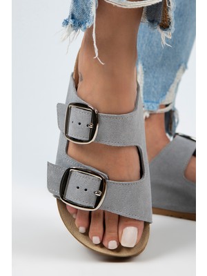 Manijero Irene Kadın Deri Çift Tokalı Koyu Gri - Gümüş Terlik