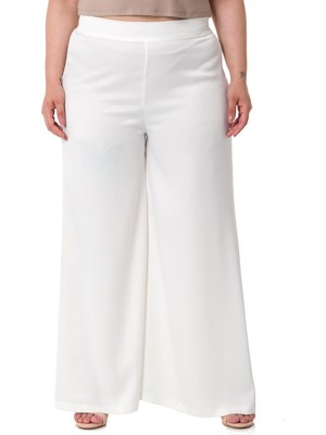 Disentis Modest Büyük Beden Geniş Paça Beli Arkadan Lastikli Saten Beyaz Pantolon
