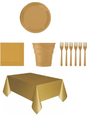 DropFokul Gold Renk Plastik Tabak, Bardak, Çatal, Peçete ve 1 Adet Tek Kullanımlık Masa Örtüsü Seti
