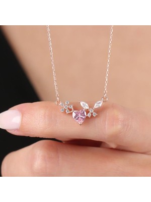 Mia Vento Işıltılı Kelebek Kalbi Rose Renk Flowers Gümüş Kolye