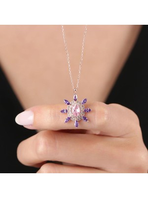 Mia Vento Pırlanta Montür Pink Taşlı Ihtişam Güneşi Rose Renk Gümüş Kolye