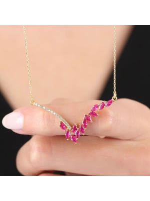 Mia Vento Pırlanta Montür Fuşya Markiz Efsanesi Gold Renk Flowers Gümüş Kolye