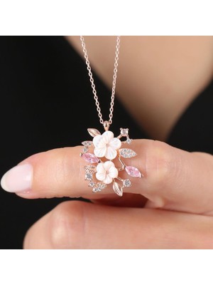 Mia Vento Manolya Çiçeği Pink Taşlı Bahar Senfonisi Rose Renk Flowers Gümüş Kolye