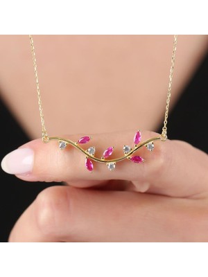 Mia Vento Pırlanta Montür Pink Taşlı Sevgi Yolu Gold Renk Flowers Gümüş Kolye