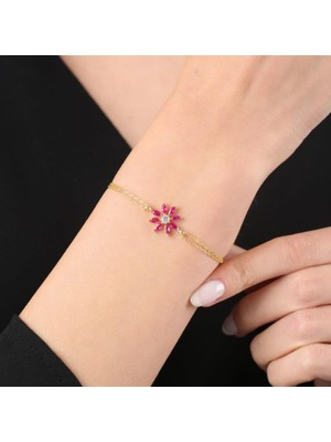 Mia Vento Pırlanta Montür Fuşya Güneşi Gold Renk Gümüş Bileklik