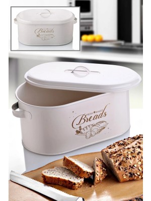 Bayev Beyaz Büyük Boy Kapaklı Desenli Metal Dekoratif Ekmek Saklama Kutusu