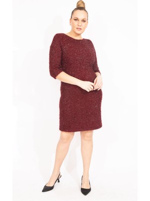 Şans Kadın Bordo Simli Buklet Kumaş Astarlı Elbise 65N35530