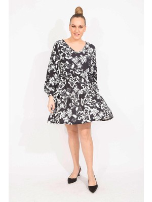 Şans Kadın Siyah V Yakalı Katlı Elbise 65N35517