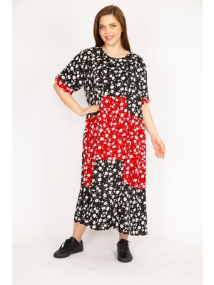 Şans Kadın Kırmızı Büyük Beden Dokuma Viskon Kumaş Patchwork Desenli Elbise