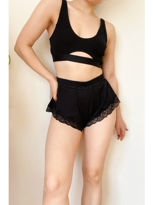 Intive Lingerie Delilah Kadın Siyah Dantel Detaylı Kadın Pamuklu Yüksek Bel Kısa Fantezi Şort