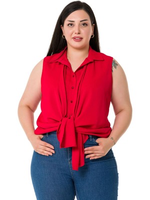 Büyük Beden Önü Çift Kat Kolsuz Pilikaşe Detaylı Kırmızı Gömlek