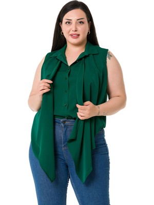 Büyük Beden Önü Çift Kat Kolsuz Pilikaşe Detaylı Zümrüt Gömlek