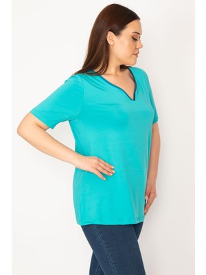 Şans Kadın Siyah Büyük Beden Yaka Biyeli Spor Bluz 65N35618