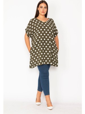 Şans Kadın Haki V Yakalı Duble Kollu Puan Desenli Tunik 65N35337