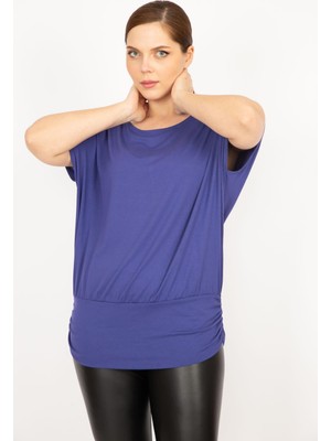 Şans Kadın Indigo Büyük Beden Bisiklet Yakalı Etek Ucu Bantlı Tunik