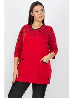 Şans Kadın Kırmızı Pamuklu Kumaş Cep Detaylı Bluz 65N13707