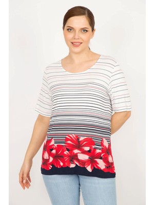 Şans Kadın Renkli Büyük Beden Bisiklet Yakalı Desenli Bluz