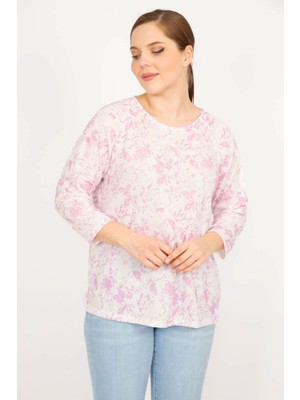 Şans Kadın Pembe Büyük Beden Bisiklet Yakalı Desenli Bluz