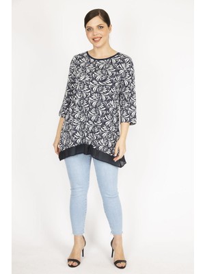 Şans Kadın Lacivert Büyük Beden Etek Ucu Şifon Garnili Tunik