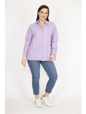 Şans Kadın Lila Büyük Beden Metal Düğmeli Manşetli Gömlek