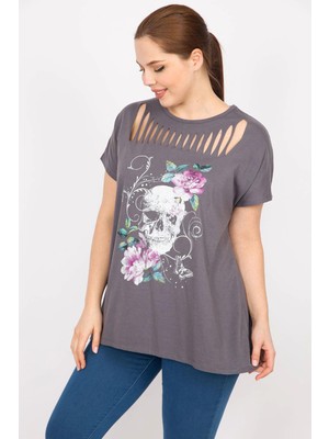 Şans Kadın Füme Büyük Beden Yakası Lazer Kesim Baskı Detaylı Bluz