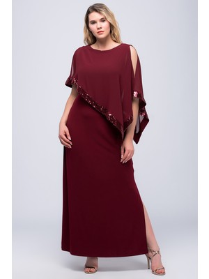 Şans Kadın Bordo Şifon ve Payet Detaylı Abiye Elbise Zarif Silüet ile Özel Davetler İçin