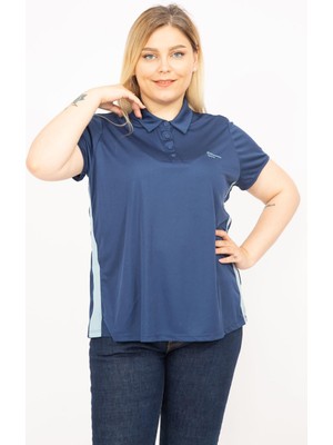Şans Kadın Lacivert Büyük Beden Polo Yakalı Yan Şeritli Spor Bluz 65N35771