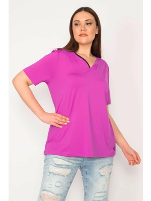 Şans Kadın Eflatun Büyük Beden Tek Yaka Biyeli Spor Bluz 65N35619