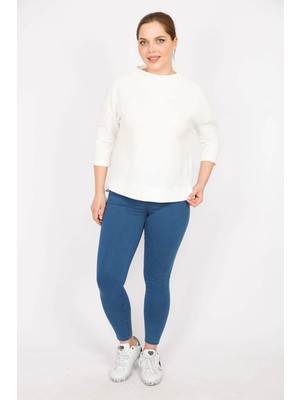 Şans Kadın Kemik Büyük Beden Kapri Kol Kendinden Desenli Yan Yırtmaçlı Bluz