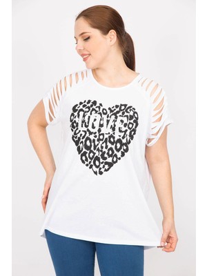 Şans Kadın Beyaz Büyük Beden Kolları Lazer Kesim Taş Ve Baskı Detaylı Bluz