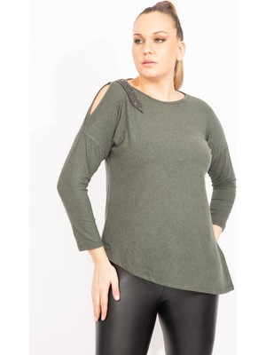 Şans Kadın Antrasit Tek Omuz Dekolteli Taş Detaylı Bluz 65N35426