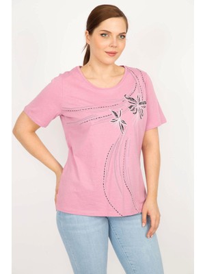 Şans Kadın Pembe Büyük Beden Pamuklu Kumaş Ön Baskılı Bluz