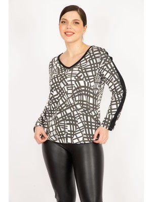 Şans Kadın Haki Büyük Beden V Yakalı Kol Şeritli Bluz