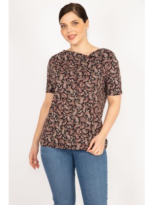 Şans Kadın Renkli Büyük Beden Şal Desenli Yaka Detaylı Bluz