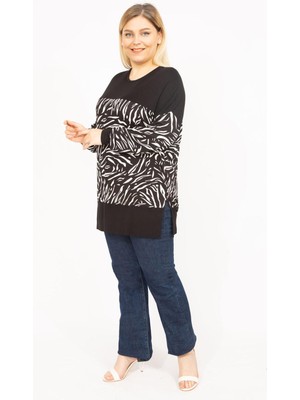 Şans Kadın Siyah Büyük Beden Yan Yırtmaçlı Garnili Tunik 65N35761