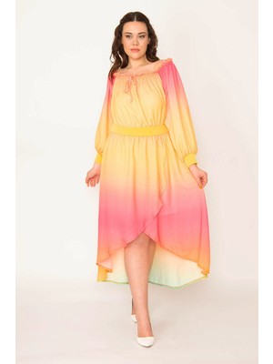 Şans Kadın Renkli Yaka Ve Beli Lastik Detaylı Arkası Uzun Astarlı Şifon Elbise 65N32598