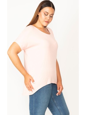 Şans Kadın Pembe Bisiklet Yakalı Arkası Uzun Kısa Kollu Viskpn Bluz 65N27529