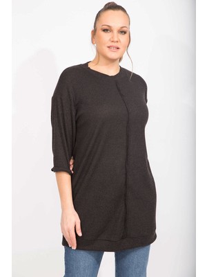 Şans Kadın Gri Kaşkorse Kumaş Ön Dikiş Detaylı Uzun Tunik 65N35498