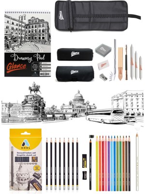 Glance Eskiz Defteri A5 120 gr 50 Yp Adel Dereceli Kalem Seti 8'li Siyah Rulo Kalemlik 24 Kalem Bölmeli