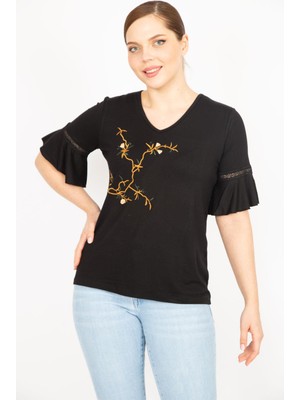 Şans Kadın Kemik Büyük Beden Önü Nakış Ve Kolları Dantel Detaylı V Yaka Bluz