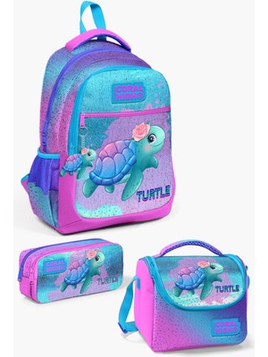 Coral High Açık Pembe Mavi Kaplumbağa Desenli 3’lü Okul Çanta Seti 18,5 Litre Kapasite SET0123497