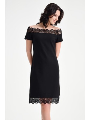 Laranor Yaka ve Etek Ucu Güpür Detay Elbise 48 Siyah