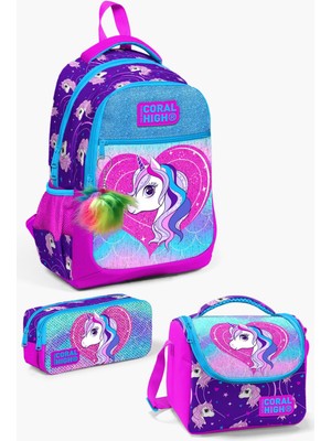 Coral High Unicorn Desenli Mor Pembe 3’lü Okul Çanta Seti 18,5 Litre Kapasite ile Çocuklar için