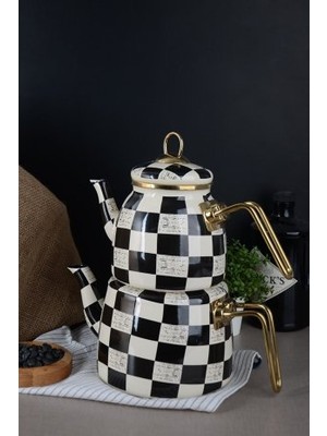 Bayev Elite Class Siyah Beyaz Dama Desenli Emaye Çaydanlık – Şık, Dayanıklı ve Isıya Dayanıklı Tasarım