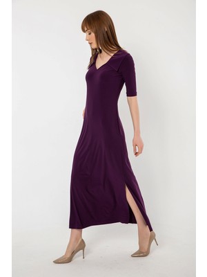 Laranor Gömlek Yaka Yırtmaç Detay Uzun Elbise 38 - Mürdüm